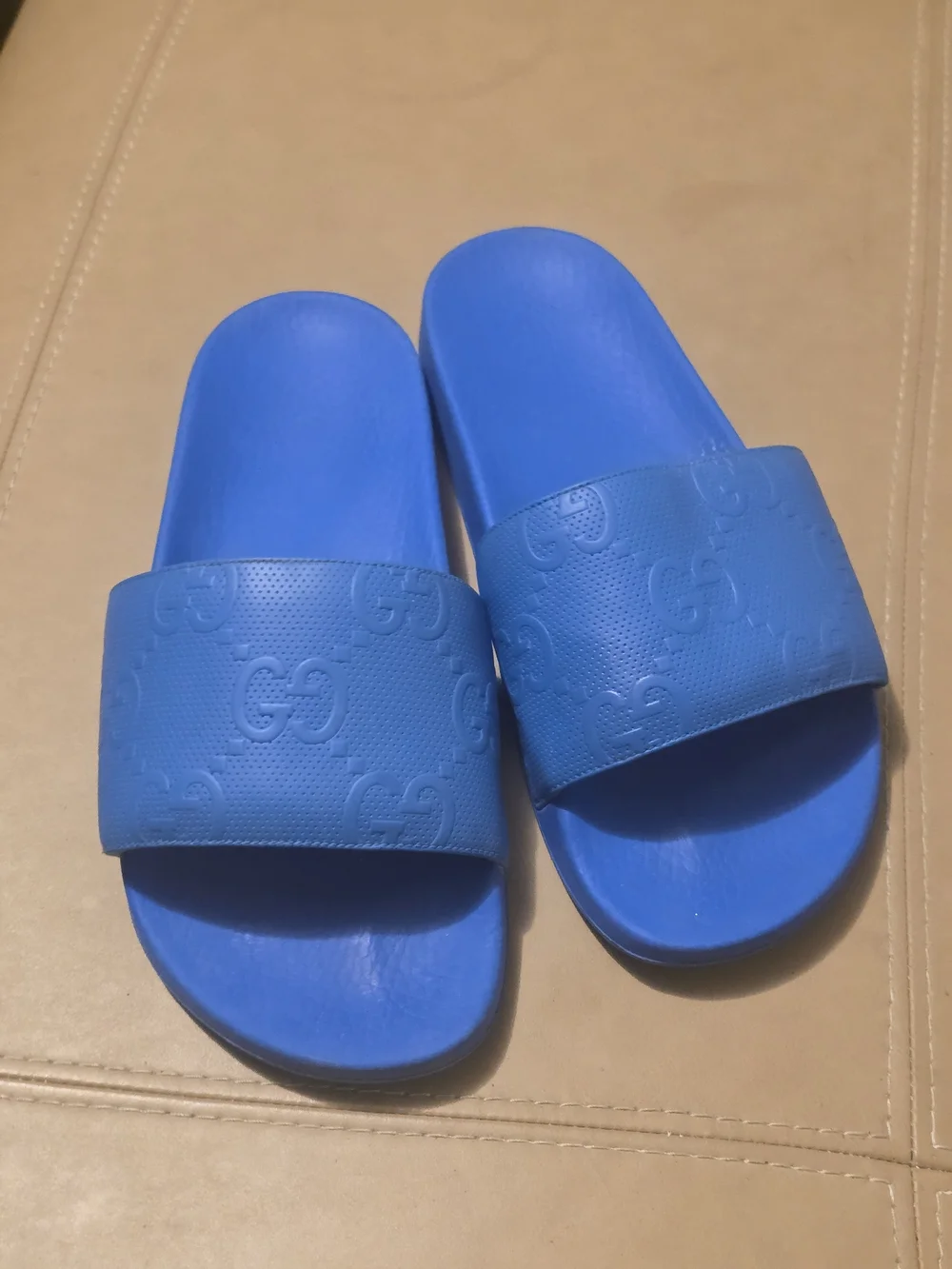 Gucci Bright Blue Rubber Slide Sandals - Women's GG Embossed Strap